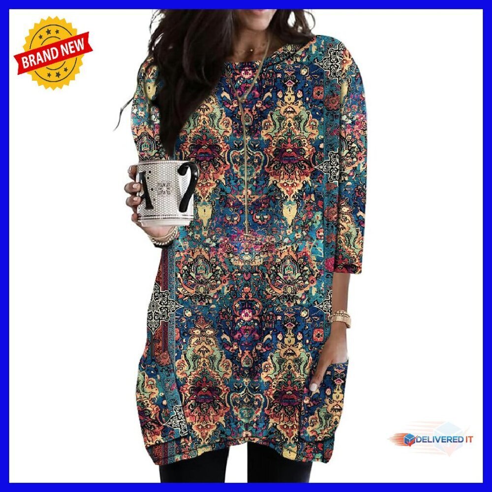 Soft 3/4 Sleeve Tunic Top with Pockets - Versatile Loose Fit Blouse